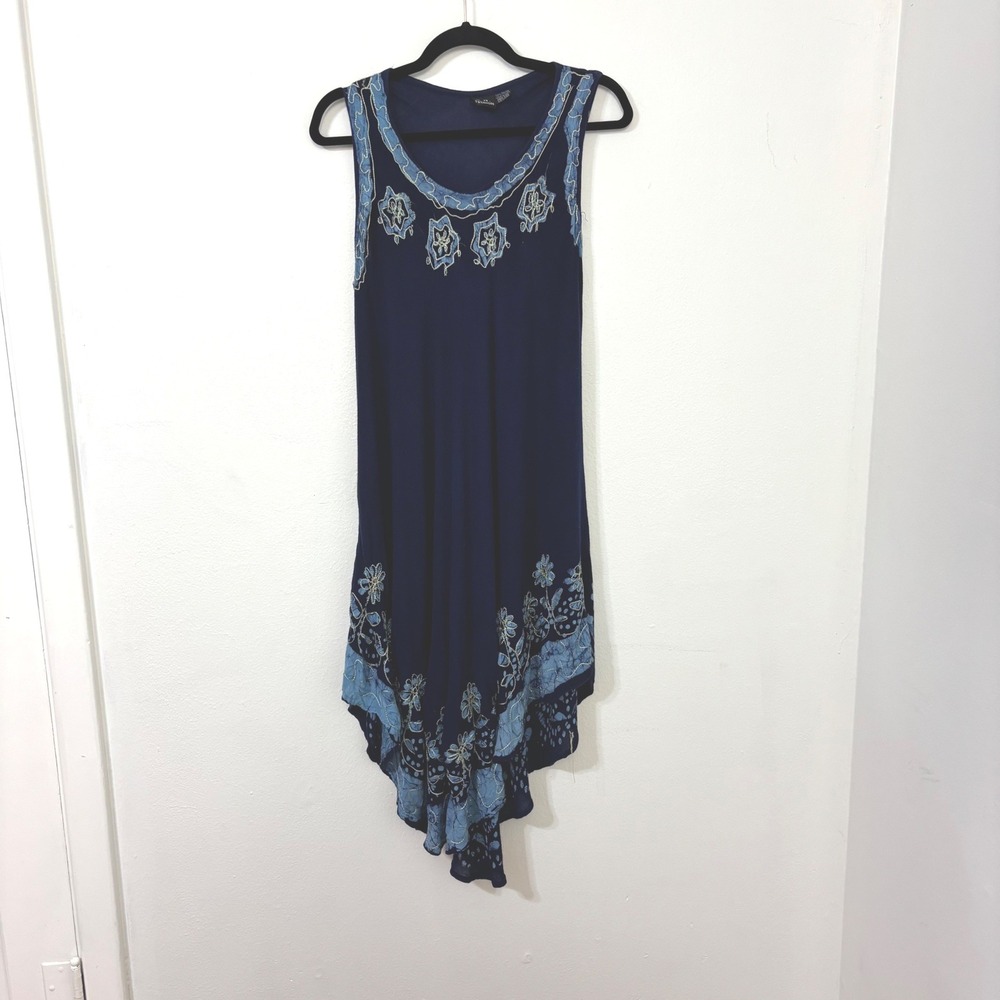VTG 90s S.R. Fashion India Trapeze Dress Embroidery Boho Handkerchief Hem OS